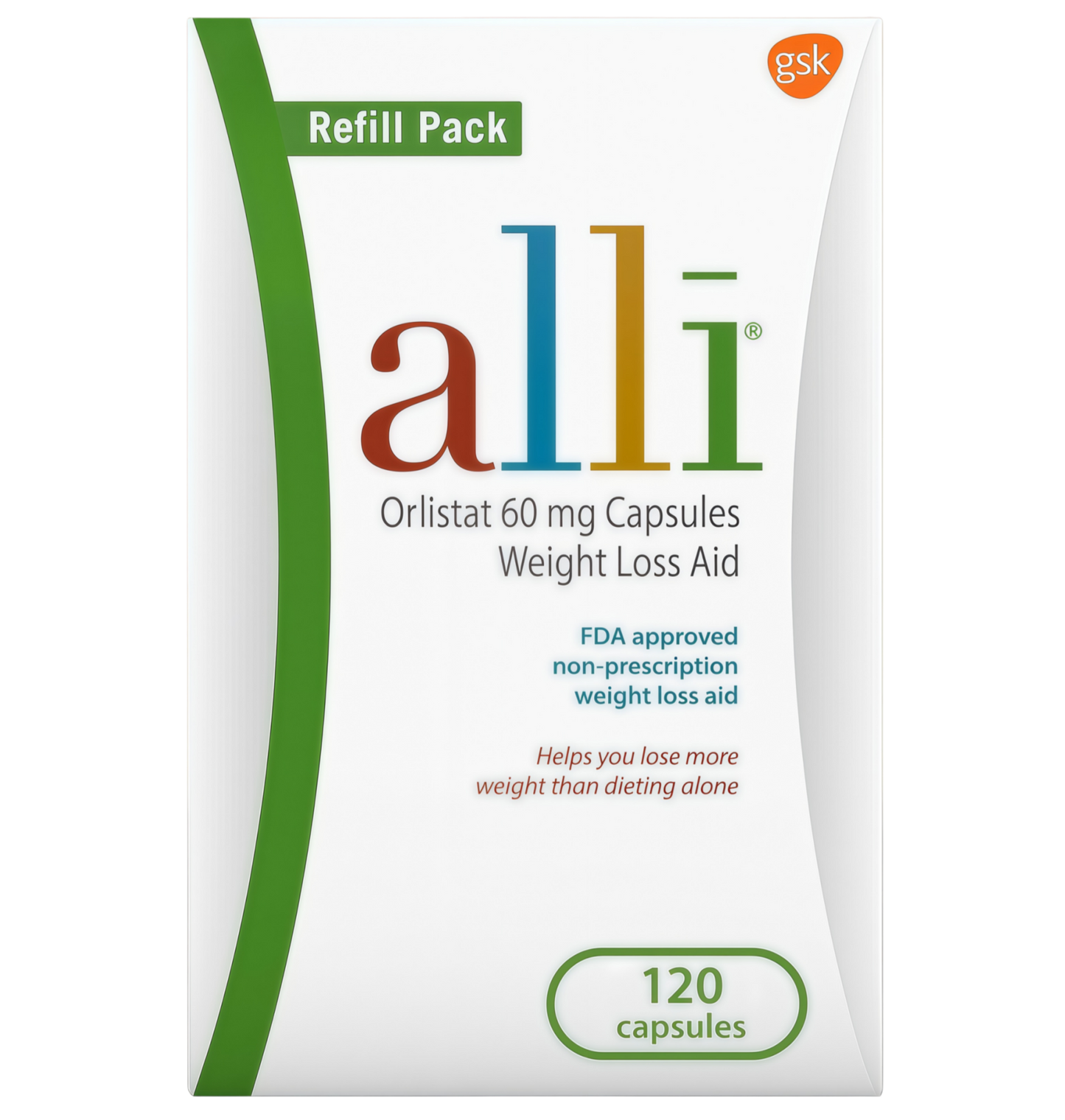 alli Weight Loss Diet Pills, Orlistat 60 mg Capsules, Non Prescription Weight Loss Aid, 120 Count Refill Pack