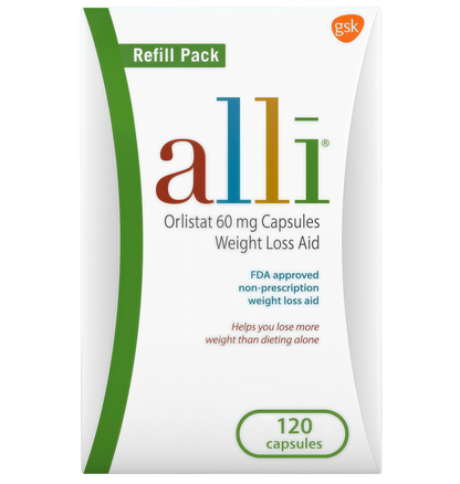 alli Weight Loss Diet Pills, Orlistat 60 mg Capsules, Non Prescription Weight Loss Aid, 120 Count Refill Pack