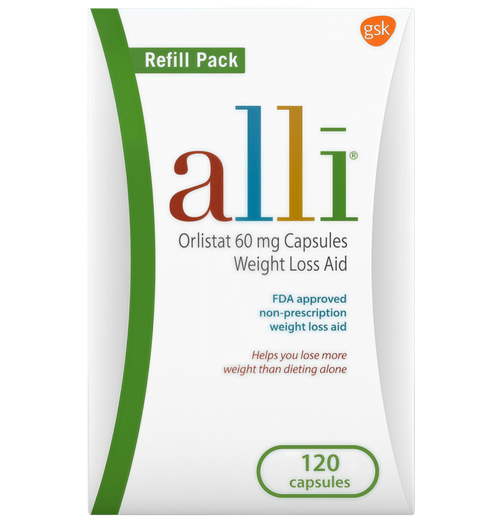 alli Weight Loss Diet Pills, Orlistat 60 mg Capsules, Non Prescription Weight Loss Aid, 120 Count Refill Pack
